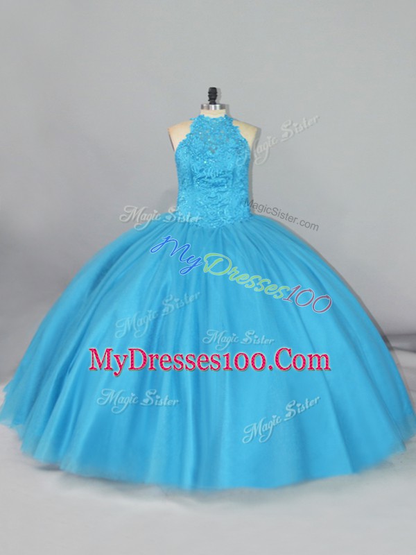 Flirting Halter Top Sleeveless Tulle Quince Ball Gowns Beading and Lace Brush Train Lace Up