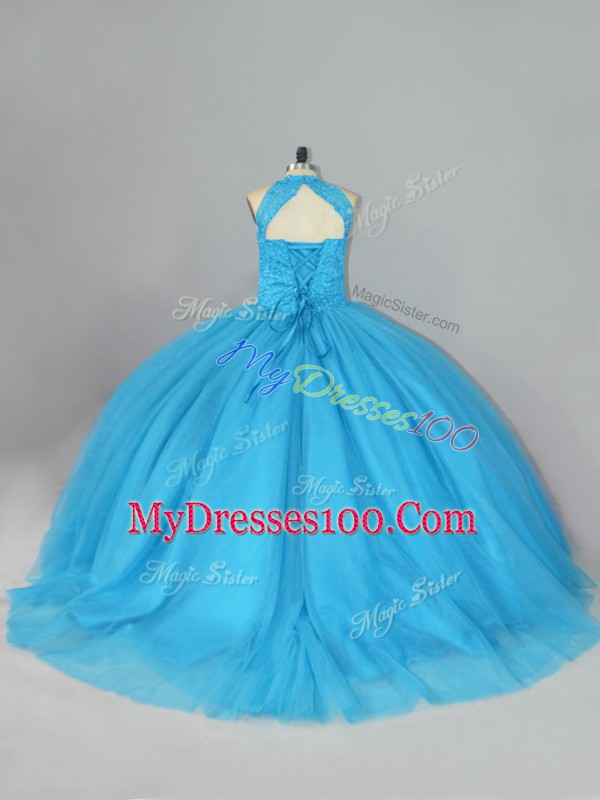 Flirting Halter Top Sleeveless Tulle Quince Ball Gowns Beading and Lace Brush Train Lace Up