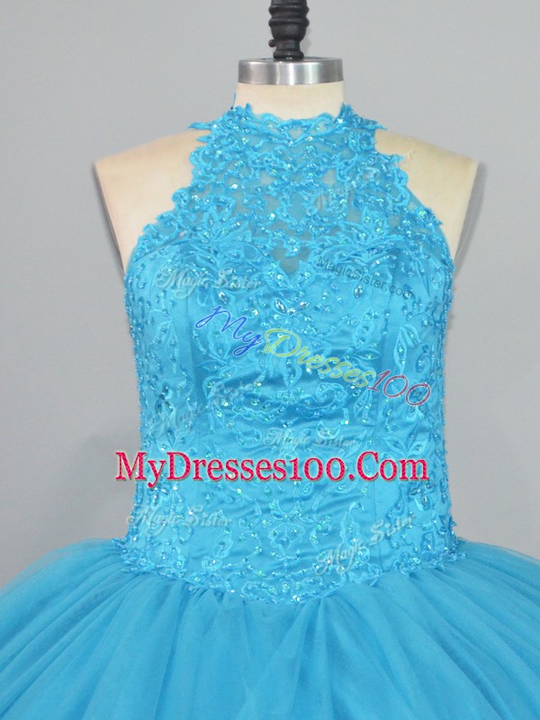 Flirting Halter Top Sleeveless Tulle Quince Ball Gowns Beading and Lace Brush Train Lace Up
