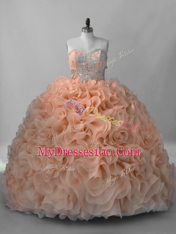 Peach Sleeveless Beading Lace Up Vestidos de Quinceanera