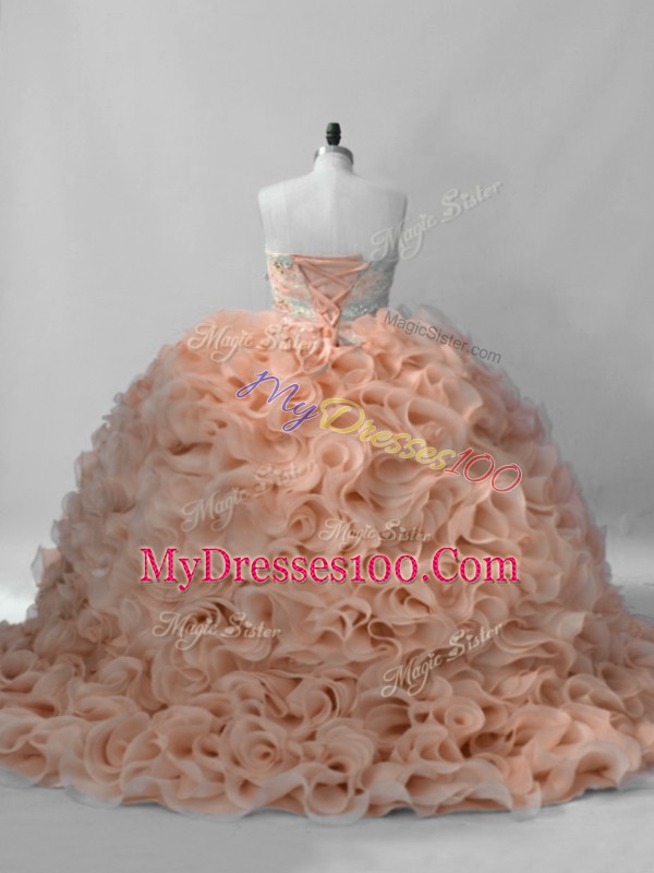 Peach Sleeveless Beading Lace Up Vestidos de Quinceanera