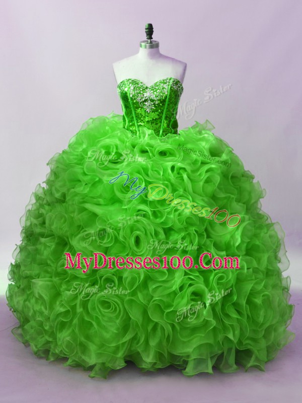 Sleeveless Floor Length Beading and Ruffles Lace Up Quinceanera Dress with Green