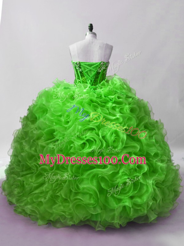 Sleeveless Floor Length Beading and Ruffles Lace Up Quinceanera Dress with Green