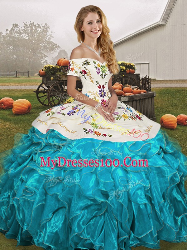 Aqua Blue Ball Gown Prom Dress Military Ball and Sweet 16 and Quinceanera with Embroidery and Ruffles Off The Shoulder Sleeveless Lace Up