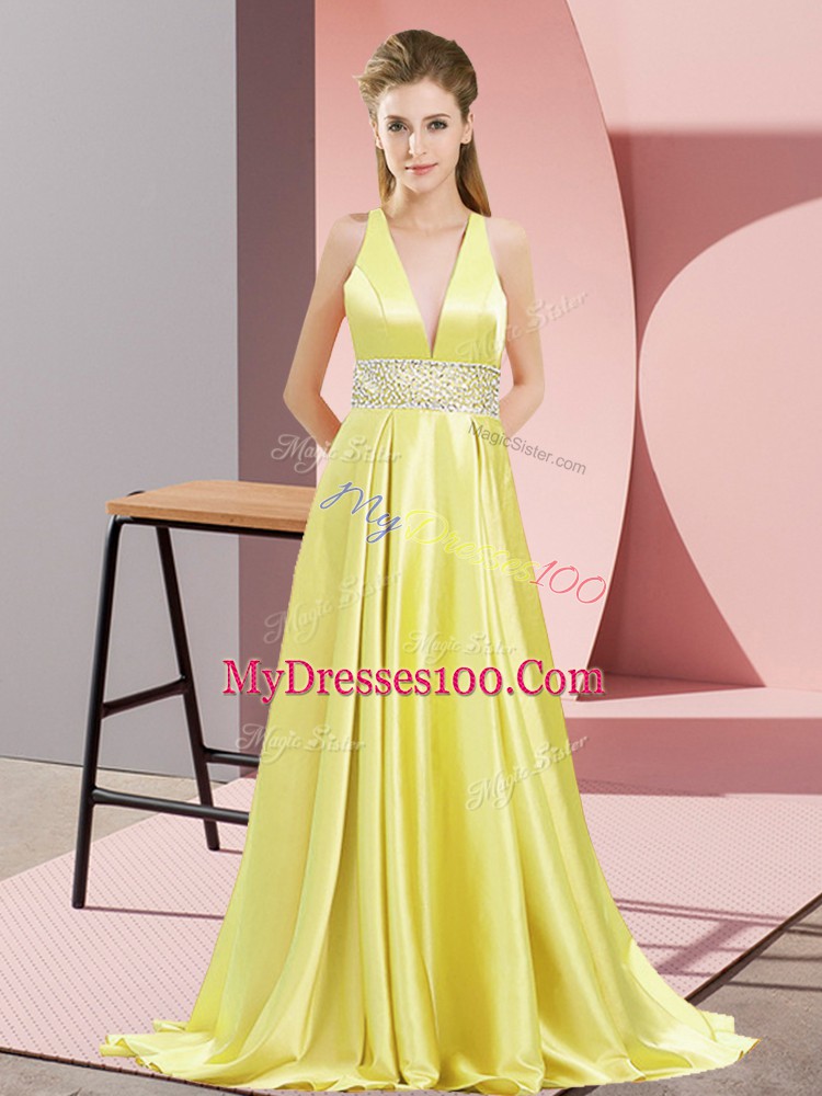 Designer Yellow V-neck Neckline Beading High School Pageant Dress Sleeveless Backless