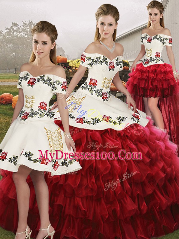 Wine Red Ball Gowns Off The Shoulder Sleeveless Organza Floor Length Lace Up Embroidery and Ruffled Layers Sweet 16 Dress