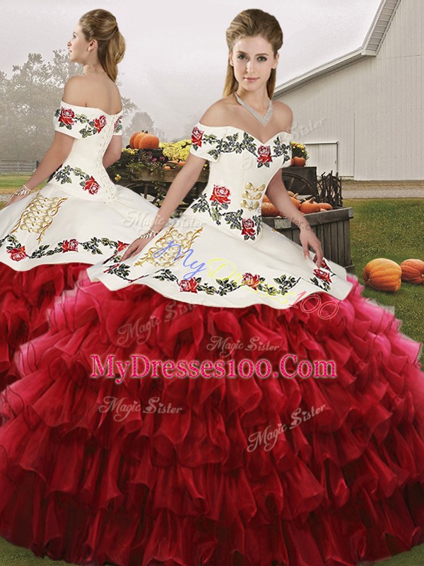 Wine Red Ball Gowns Off The Shoulder Sleeveless Organza Floor Length Lace Up Embroidery and Ruffled Layers Sweet 16 Dress