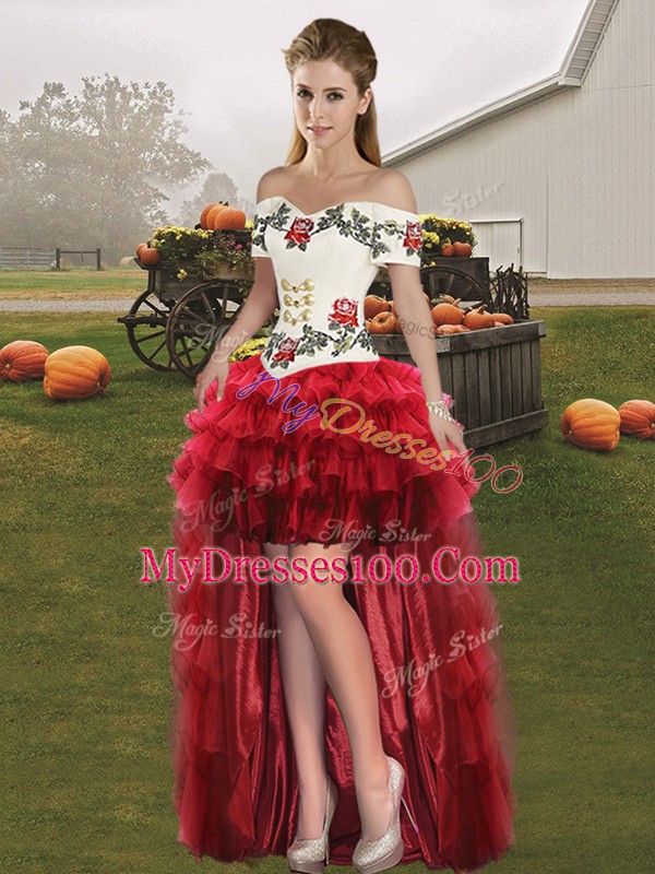 Wine Red Ball Gowns Off The Shoulder Sleeveless Organza Floor Length Lace Up Embroidery and Ruffled Layers Sweet 16 Dress