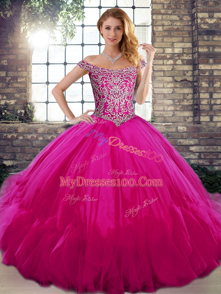 Comfortable Off The Shoulder Sleeveless Lace Up Sweet 16 Dress Fuchsia Tulle