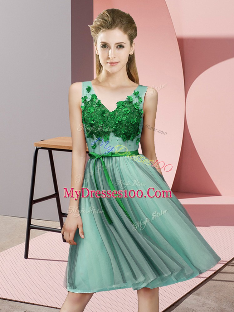 Cheap Apple Green V-neck Neckline Appliques Bridesmaid Dresses Sleeveless Lace Up