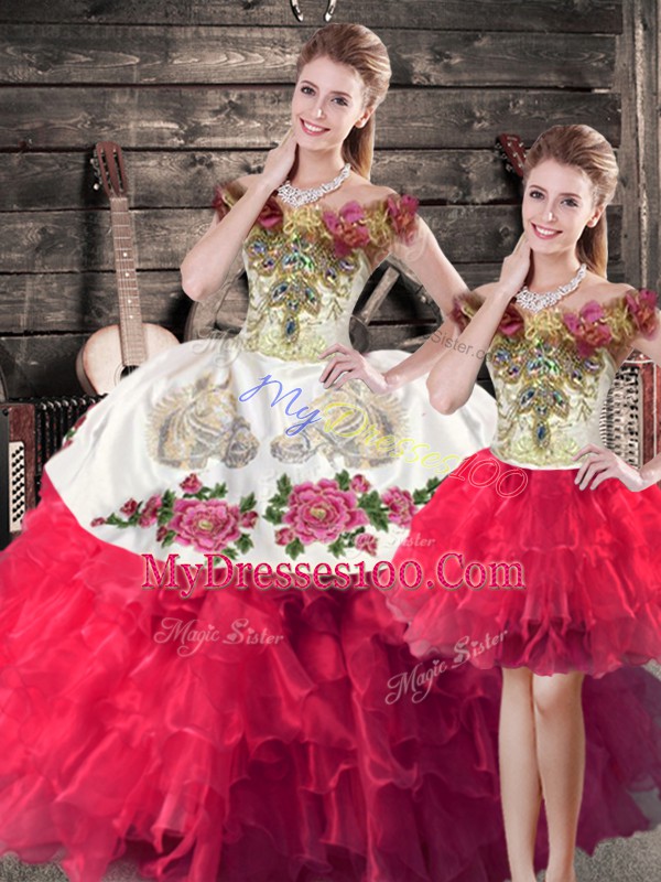 Luxury Sleeveless Floor Length Embroidery and Ruffles Lace Up Quinceanera Dresses with Pink And White