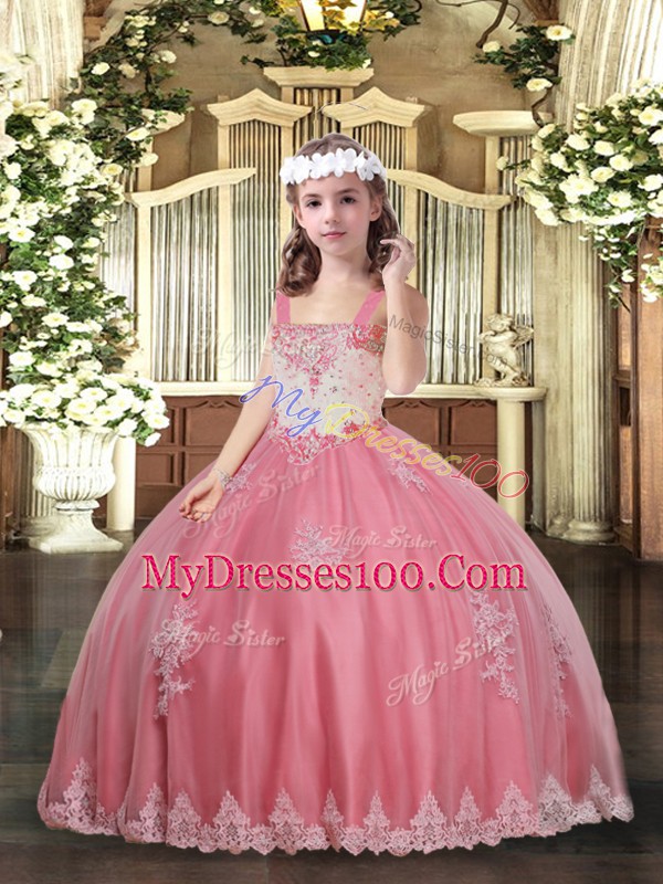 Watermelon Red Lace Up Kids Pageant Dress Appliques Sleeveless Floor Length