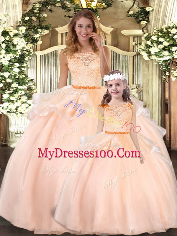 Peach Ball Gowns Organza Scoop Sleeveless Lace Floor Length Zipper Quinceanera Gown
