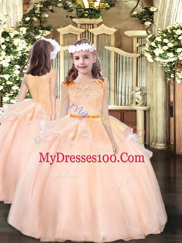Peach Ball Gowns Organza Scoop Sleeveless Lace Floor Length Zipper Quinceanera Gown