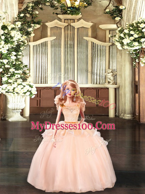 Peach Ball Gowns Organza Scoop Sleeveless Lace Floor Length Zipper Quinceanera Gown
