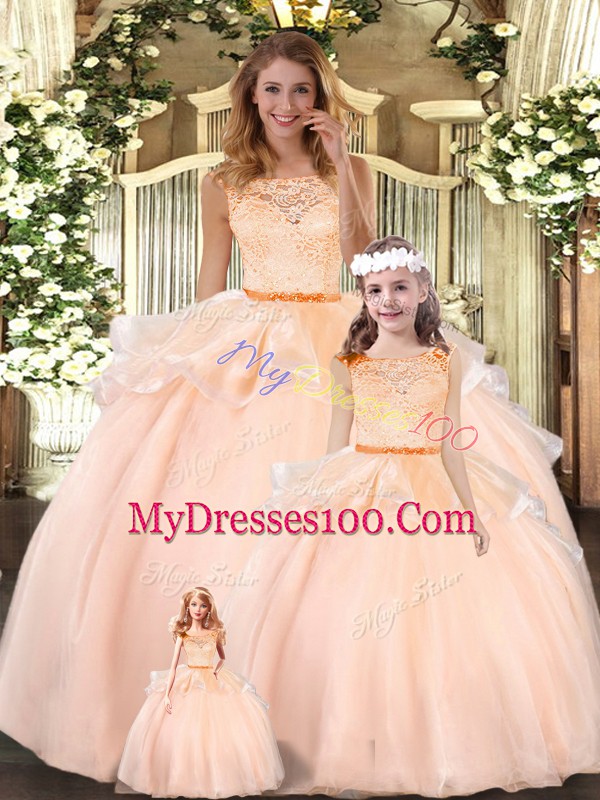 Peach Ball Gowns Organza Scoop Sleeveless Lace Floor Length Zipper Quinceanera Gown