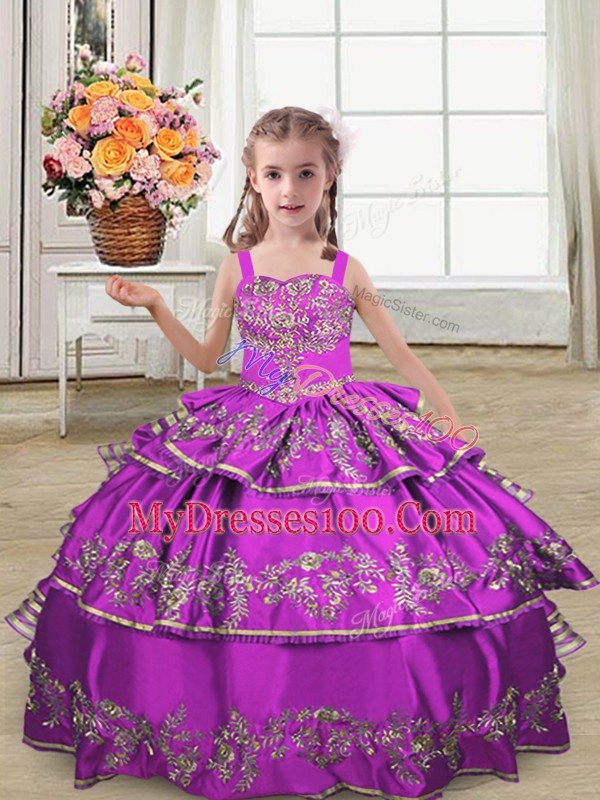 Dramatic Purple Kids Formal Wear Wedding Party with Embroidery and Ruffled Layers Straps Sleeveless Lace Up