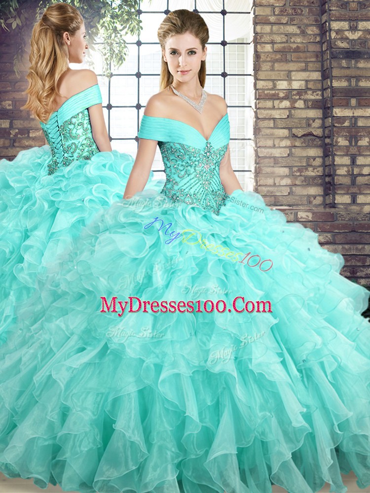 High End Aqua Blue Organza Lace Up Quince Ball Gowns Sleeveless Brush Train Beading and Ruffles