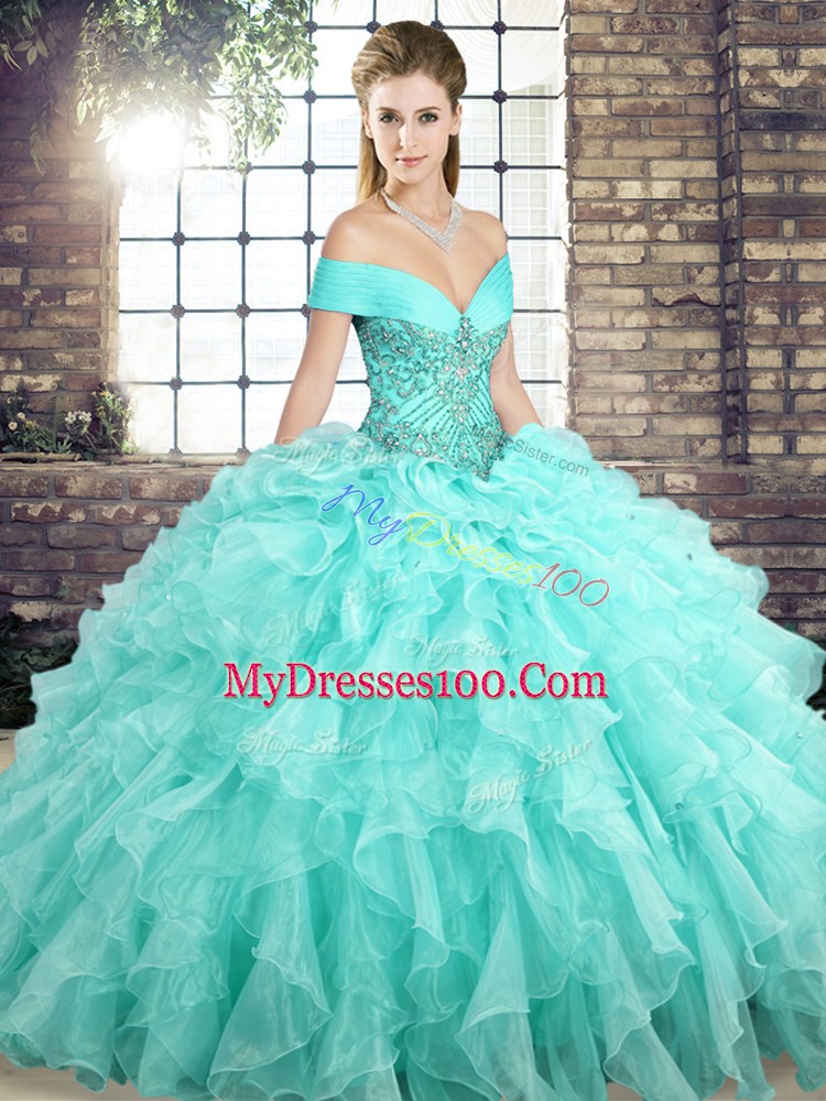 High End Aqua Blue Organza Lace Up Quince Ball Gowns Sleeveless Brush Train Beading and Ruffles