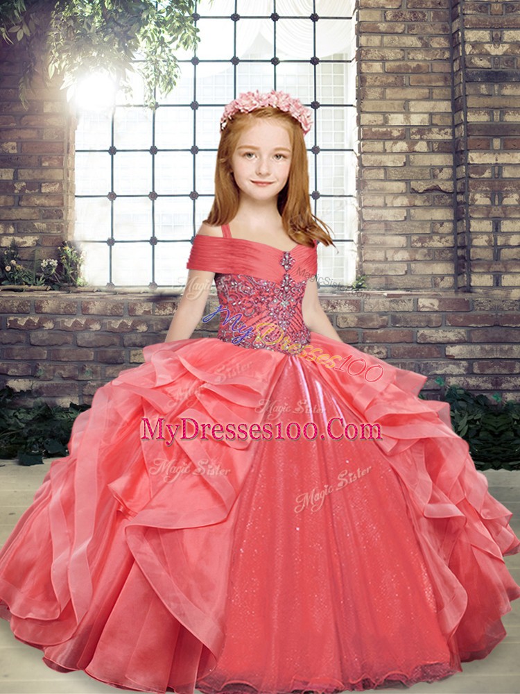 Coral Red Sleeveless Beading and Ruffles Floor Length Little Girls Pageant Gowns