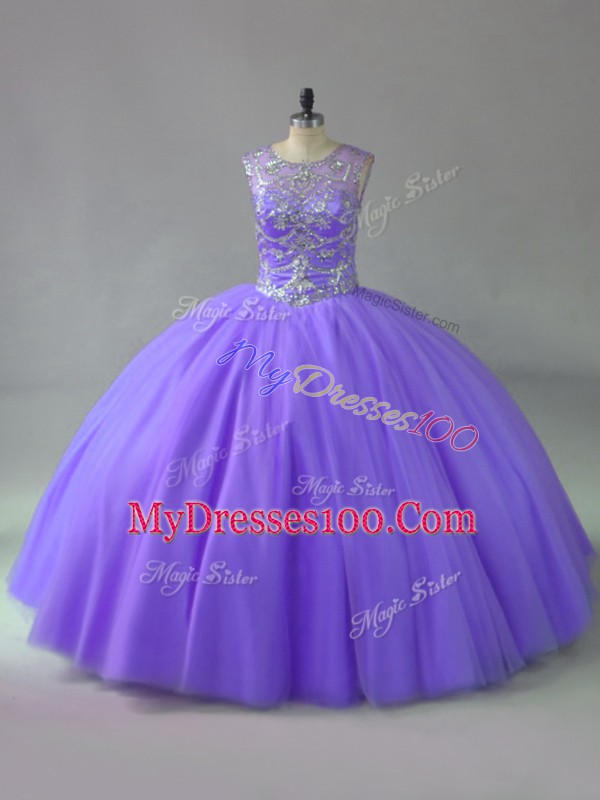 Lavender Ball Gowns Beading Quinceanera Gown Lace Up Tulle Sleeveless