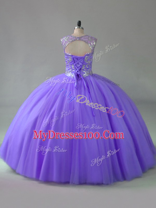 Lavender Ball Gowns Beading Quinceanera Gown Lace Up Tulle Sleeveless