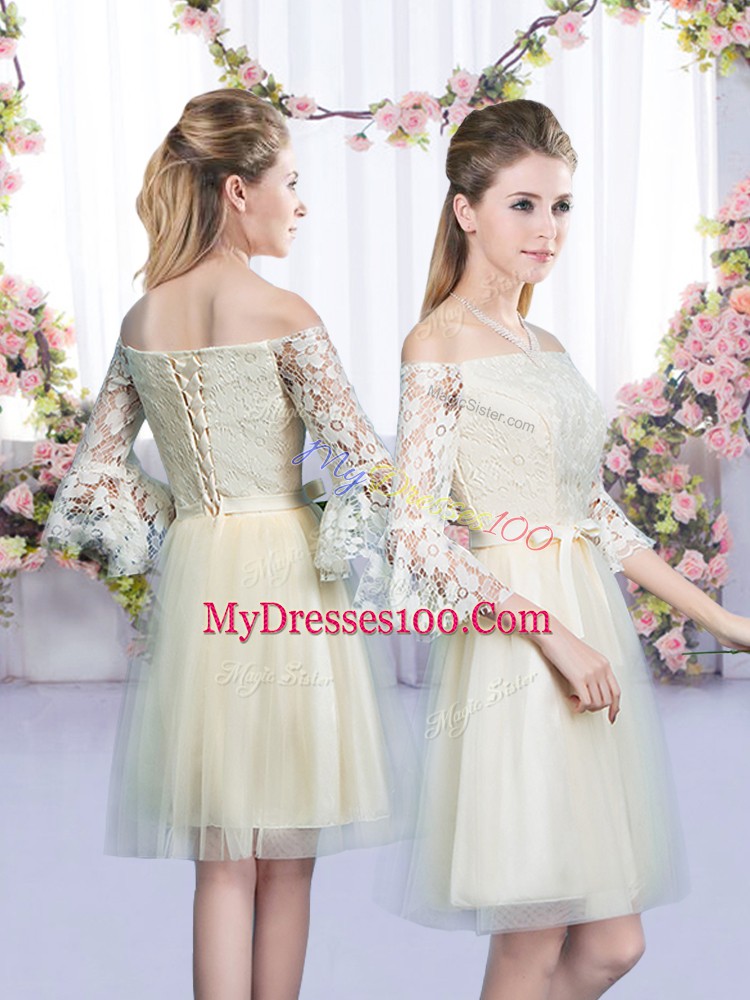 Free and Easy Champagne Empire Tulle Off The Shoulder 3 4 Length Sleeve Lace and Bowknot Mini Length Lace Up Wedding Guest Dresses
