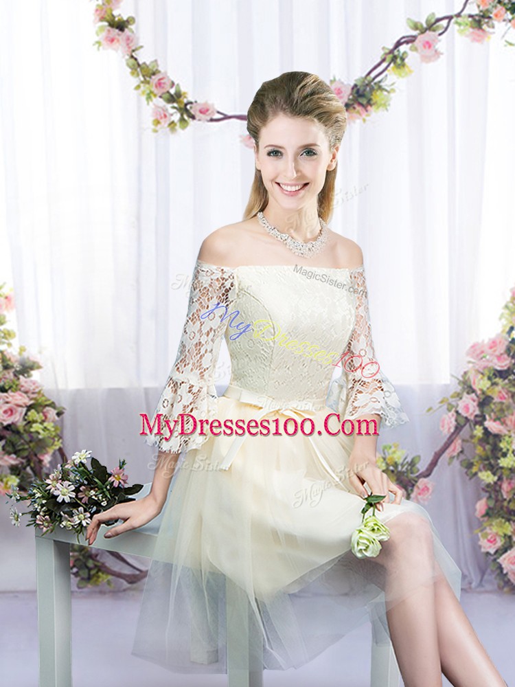 Free and Easy Champagne Empire Tulle Off The Shoulder 3 4 Length Sleeve Lace and Bowknot Mini Length Lace Up Wedding Guest Dresses