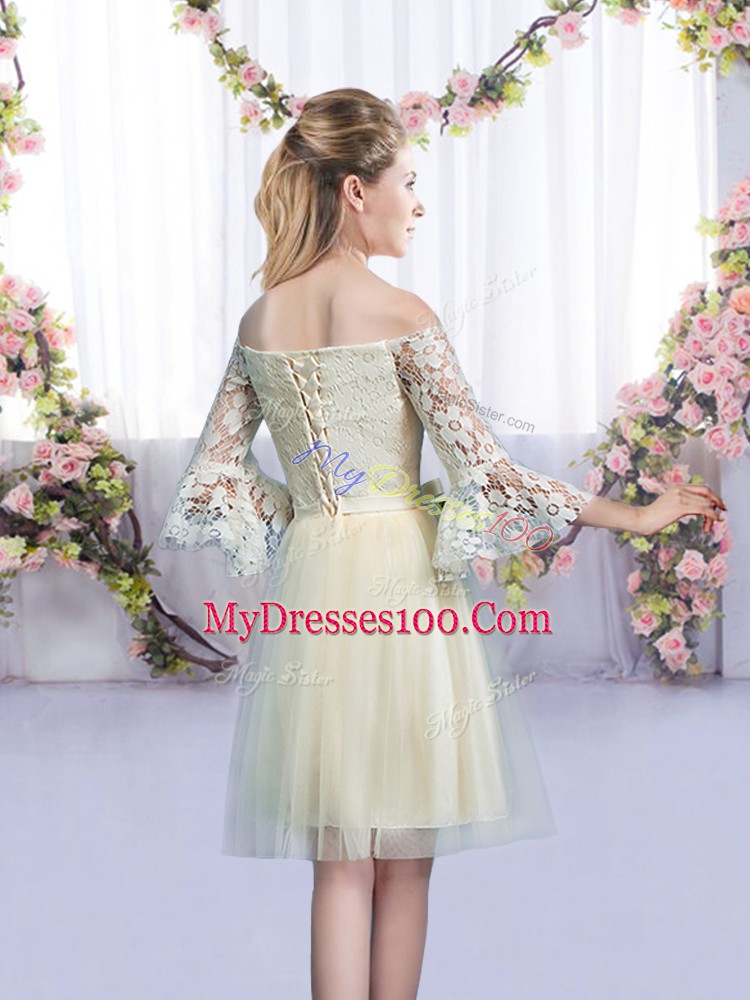 Free and Easy Champagne Empire Tulle Off The Shoulder 3 4 Length Sleeve Lace and Bowknot Mini Length Lace Up Wedding Guest Dresses