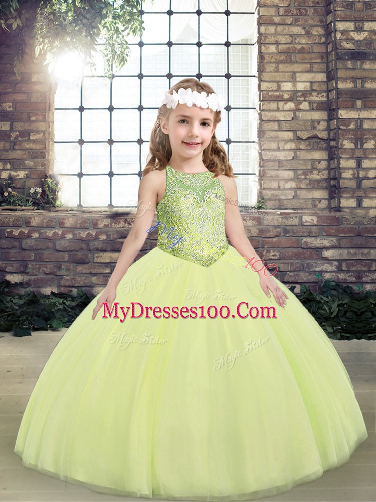 Hot Selling Beading Little Girls Pageant Dress Light Yellow Lace Up Sleeveless Floor Length