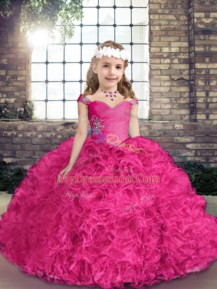 Pretty Fuchsia Ball Gowns Fabric With Rolling Flowers Straps Sleeveless Beading Floor Length Lace Up Girls Pageant Dresses