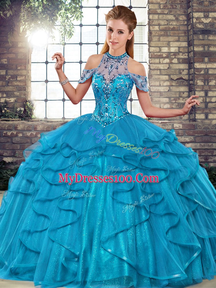 Luxurious Ball Gowns Quinceanera Dresses Blue Halter Top Tulle Sleeveless Floor Length Lace Up