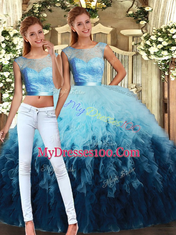 Excellent Tulle Scoop Sleeveless Lace Up Lace and Ruffles 15 Quinceanera Dress in Multi-color
