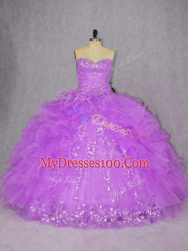 Traditional Purple Ball Gowns Sweetheart Sleeveless Organza Floor Length Lace Up Appliques and Ruffles Quince Ball Gowns