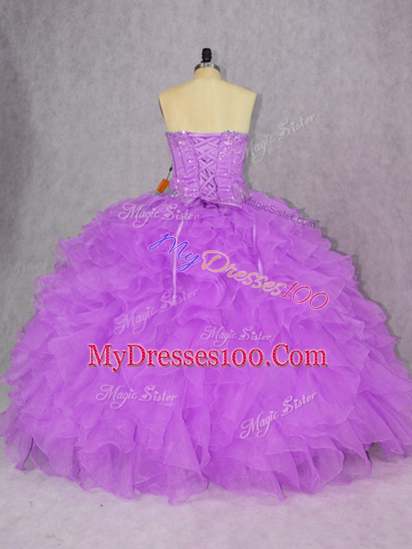 Traditional Purple Ball Gowns Sweetheart Sleeveless Organza Floor Length Lace Up Appliques and Ruffles Quince Ball Gowns