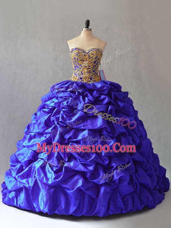 Royal Blue Sleeveless Brush Train Beading and Pick Ups Sweet 16 Quinceanera Dress