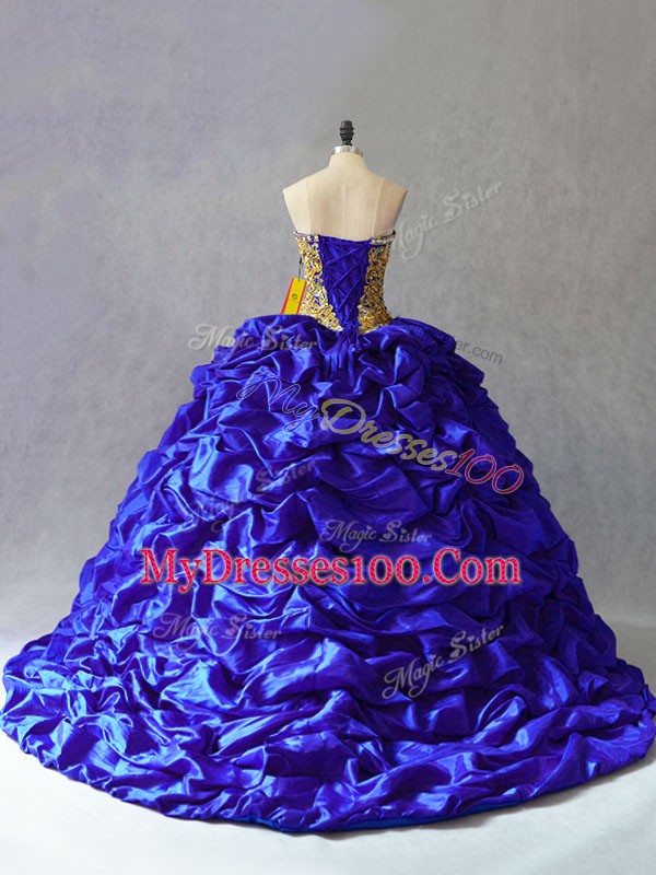 Royal Blue Sleeveless Brush Train Beading and Pick Ups Sweet 16 Quinceanera Dress