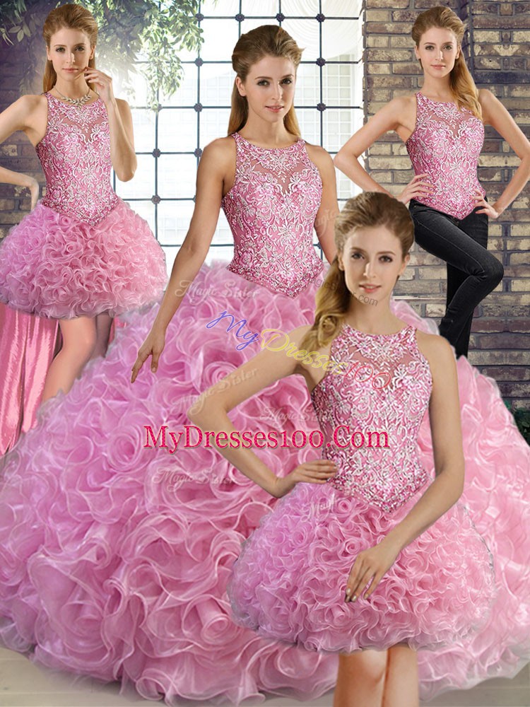 Custom Fit Fabric With Rolling Flowers Sleeveless Floor Length Quinceanera Gown and Beading