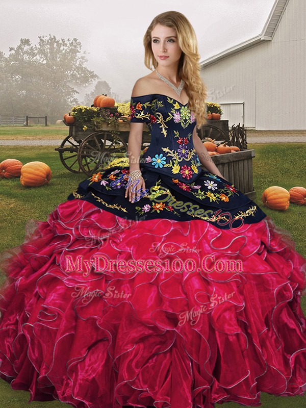 Admirable Embroidery and Ruffles Quinceanera Gowns Red And Black Lace Up Sleeveless Floor Length