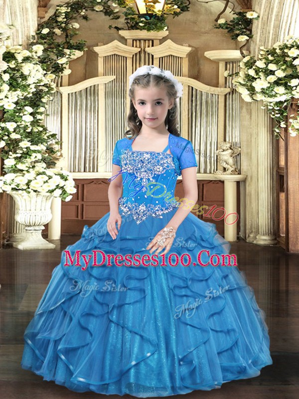 Floor Length Baby Blue Child Pageant Dress Straps Sleeveless Lace Up
