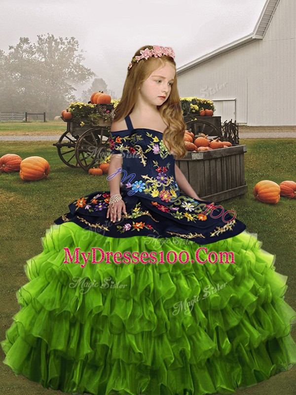 Olive Green Lace Up Straps Embroidery Little Girls Pageant Dress Wholesale Organza Sleeveless