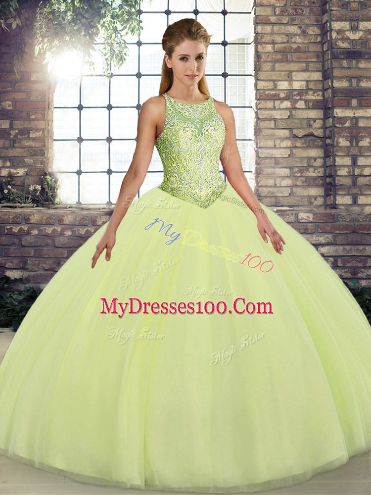 Floor Length Lace Up Quince Ball Gowns Yellow Green for Military Ball and Sweet 16 and Quinceanera with Embroidery