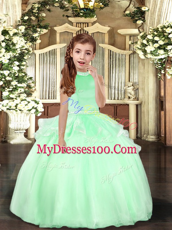 Latest Organza Halter Top Sleeveless Backless Beading Winning Pageant Gowns in Apple Green