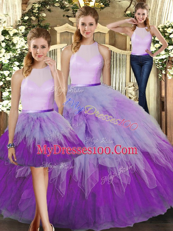 Top Selling Multi-color Backless High-neck Ruffles Sweet 16 Dresses Organza Sleeveless