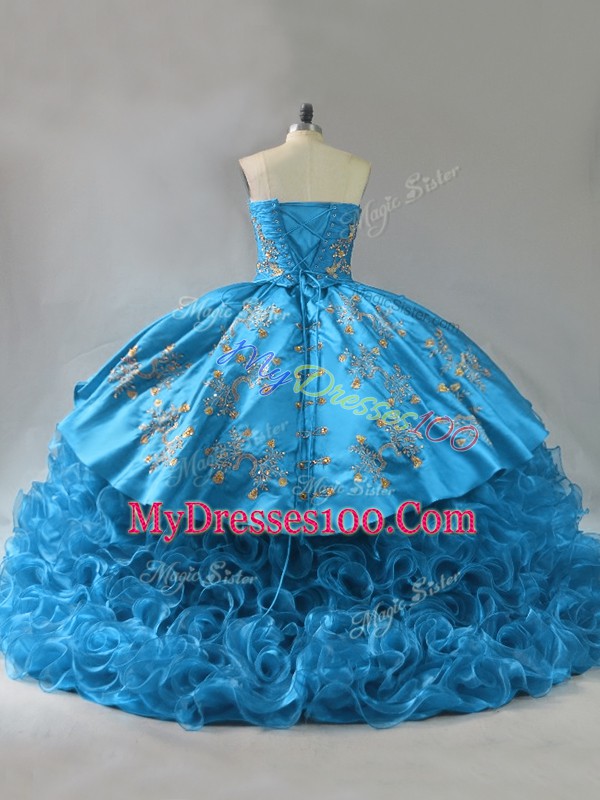 Noble Sleeveless Fabric With Rolling Flowers Brush Train Lace Up Vestidos de Quinceanera in Blue with Embroidery and Ruffles