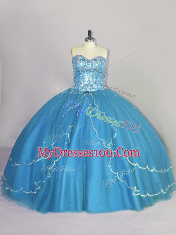 Fashionable Blue Tulle Lace Up Sweetheart Sleeveless 15th Birthday Dress Brush Train Beading