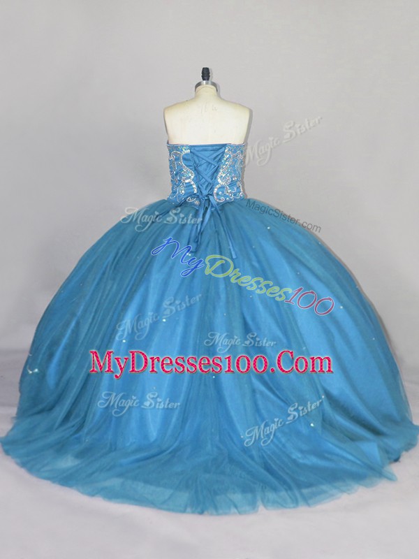 Fashionable Blue Tulle Lace Up Sweetheart Sleeveless 15th Birthday Dress Brush Train Beading