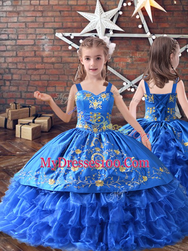 Dramatic Royal Blue Satin and Organza Lace Up Kids Pageant Dress Sleeveless Floor Length Embroidery and Ruffled Layers