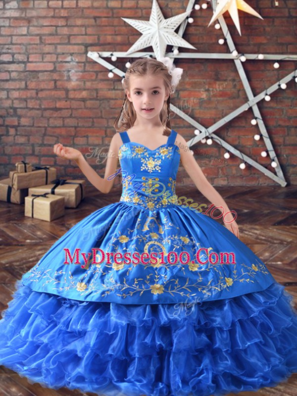 Dramatic Royal Blue Satin and Organza Lace Up Kids Pageant Dress Sleeveless Floor Length Embroidery and Ruffled Layers