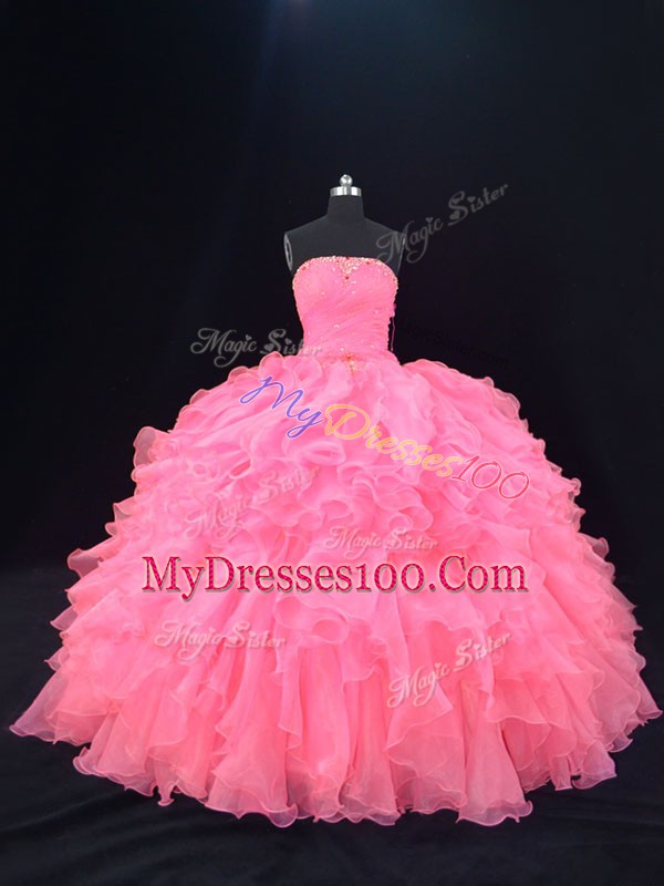 Popular Sleeveless Floor Length Beading and Ruffles Lace Up 15 Quinceanera Dress with Pink